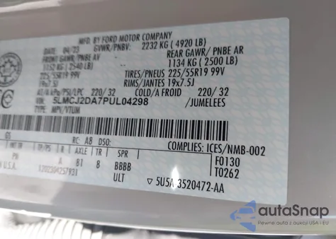 2023 Lincoln Corsair Reserve z USA, uszkodzony, nr VIN 5LMCJ2DA7PUL04298